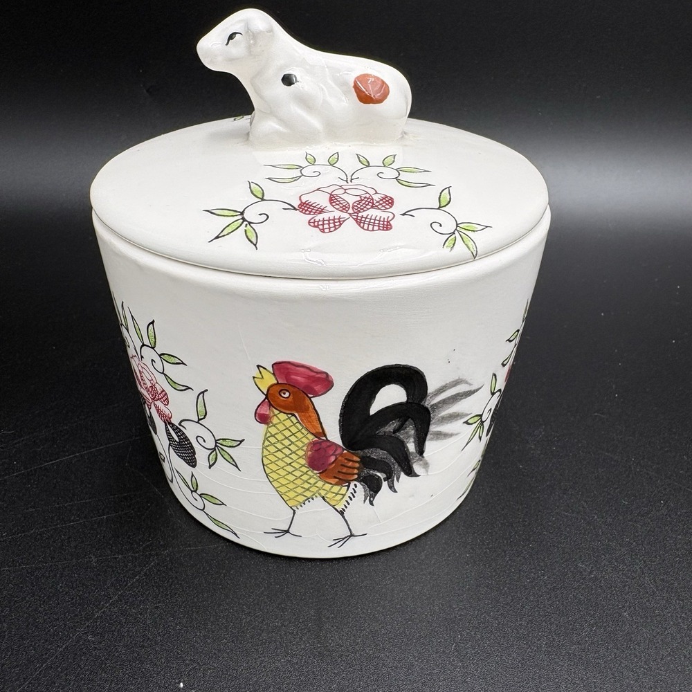 Vintage Butter Grease Crock W/ Lid Chickens Cows‎ 4.75" Diameter 5.5" H
